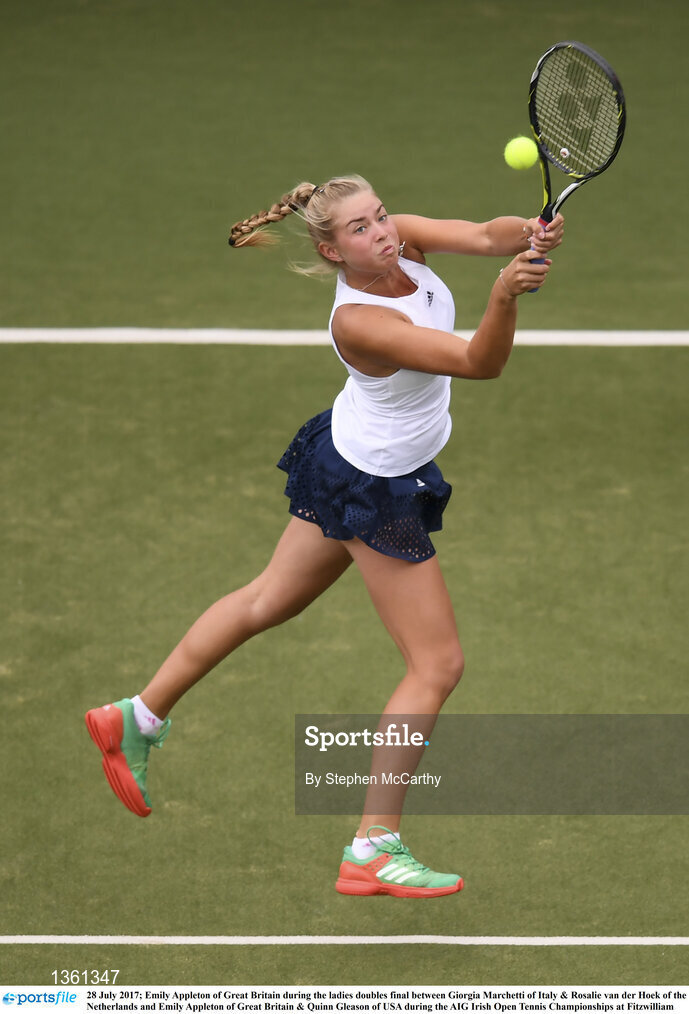 28 July 2017; Emily Appleton of Great Britain during the ladies doubles final between Giorgia Marchetti of Italy & Rosalie van der Hoek of the Netherlands and Emily Appleton of Great Britain & Quinn Gleason of USA during the AIG Irish Open Tennis Championships at Fitzwilliam Lawn Tennis Club in Dublin. Photo by Stephen McCarthy/Sportsfile