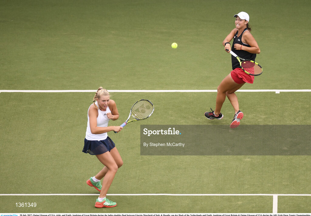 28 July 2017; Quinn Gleason of USA, right, and Emily Appleton of Great Britain during the ladies doubles final between Giorgia Marchetti of Italy & Rosalie van der Hoek of the Netherlands and Emily Appleton of Great Britain & Quinn Gleason of USA during the AIG Irish Open Tennis Championships at Fitzwilliam Lawn Tennis Club in Dublin. Photo by Stephen McCarthy/Sportsfile