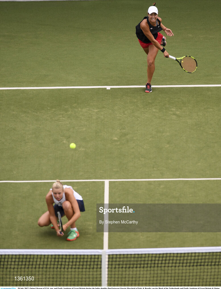 28 July 2017; Quinn Gleason of USA, top, and Emily Appleton of Great Britain during the ladies doubles final between Giorgia Marchetti of Italy & Rosalie van der Hoek of the Netherlands and Emily Appleton of Great Britain & Quinn Gleason of USA during the AIG Irish Open Tennis Championships at Fitzwilliam Lawn Tennis Club in Dublin. Photo by Stephen McCarthy/Sportsfile
