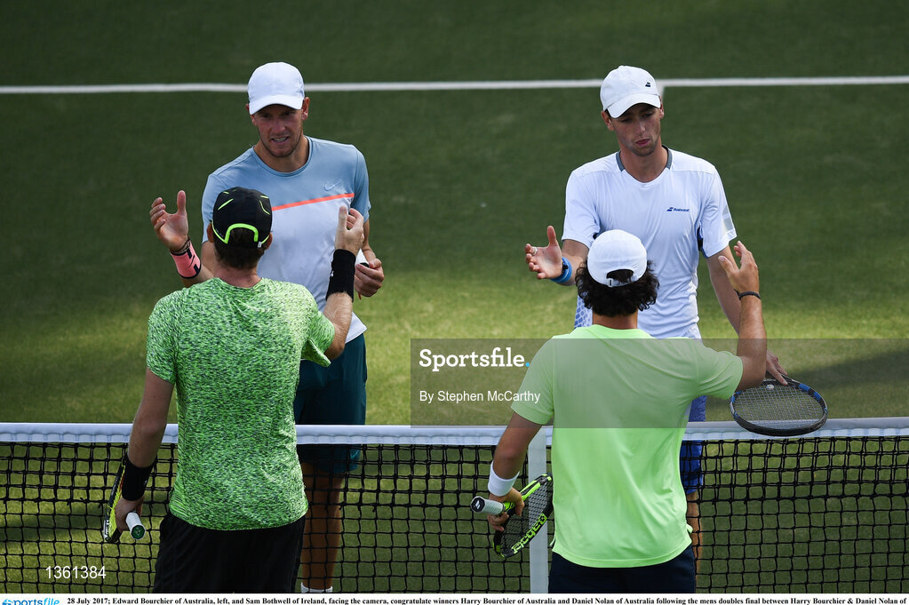 28 July 2017; Edward Bourchier of Australia, left, and Sam Bothwell of Ireland, facing the camera, congratulate winners Harry Bourchier of Australia and Daniel Nolan of Australia following the mens doubles final between Harry Bourchier & Daniel Nolan of Australia and Sam Bothwell of Ireland & Edward Bourchier of Australia during the AIG Irish Open Tennis Championships at Fitzwilliam Lawn Tennis Club in Dublin. Photo by Stephen McCarthy/Sportsfile