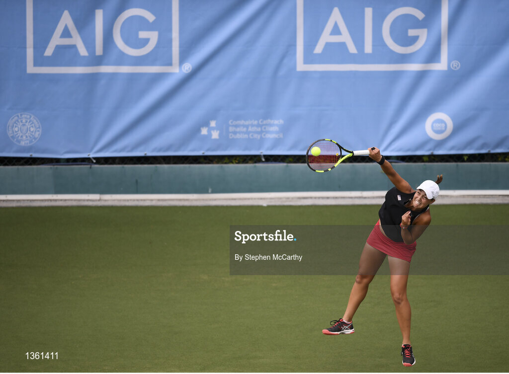 28 July 2017; Quinn Gleason of USA during the ladies doubles final between Giorgia Marchetti of Italy & Rosalie van der Hoek of the Netherlands and Emily Appleton of Great Britain & Quinn Gleason of USA during the AIG Irish Open Tennis Championships at Fitzwilliam Lawn Tennis Club in Dublin. Photo by Stephen McCarthy/Sportsfile