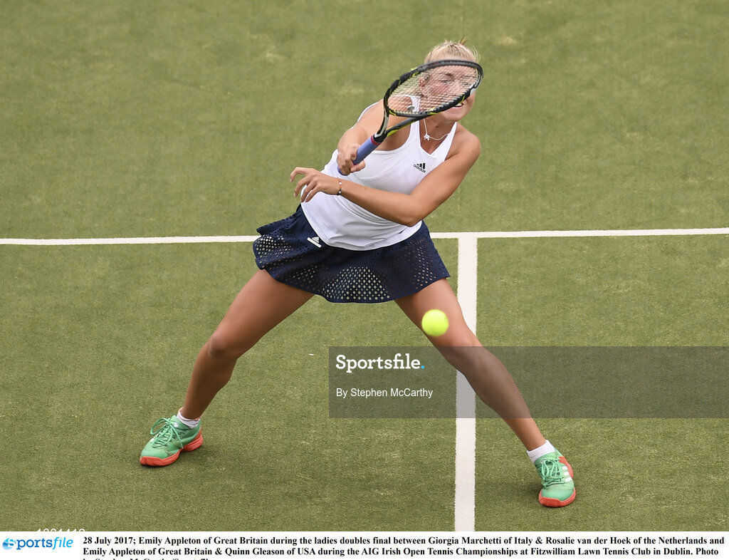 28 July 2017; Emily Appleton of Great Britain during the ladies doubles final between Giorgia Marchetti of Italy & Rosalie van der Hoek of the Netherlands and Emily Appleton of Great Britain & Quinn Gleason of USA during the AIG Irish Open Tennis Championships at Fitzwilliam Lawn Tennis Club in Dublin. Photo by Stephen McCarthy/Sportsfile