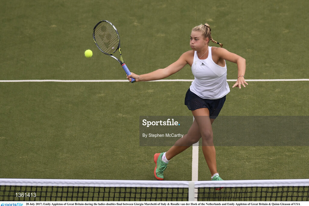 28 July 2017; Emily Appleton of Great Britain during the ladies doubles final between Giorgia Marchetti of Italy & Rosalie van der Hoek of the Netherlands and Emily Appleton of Great Britain & Quinn Gleason of USA during the AIG Irish Open Tennis Championships at Fitzwilliam Lawn Tennis Club in Dublin. Photo by Stephen McCarthy/Sportsfile