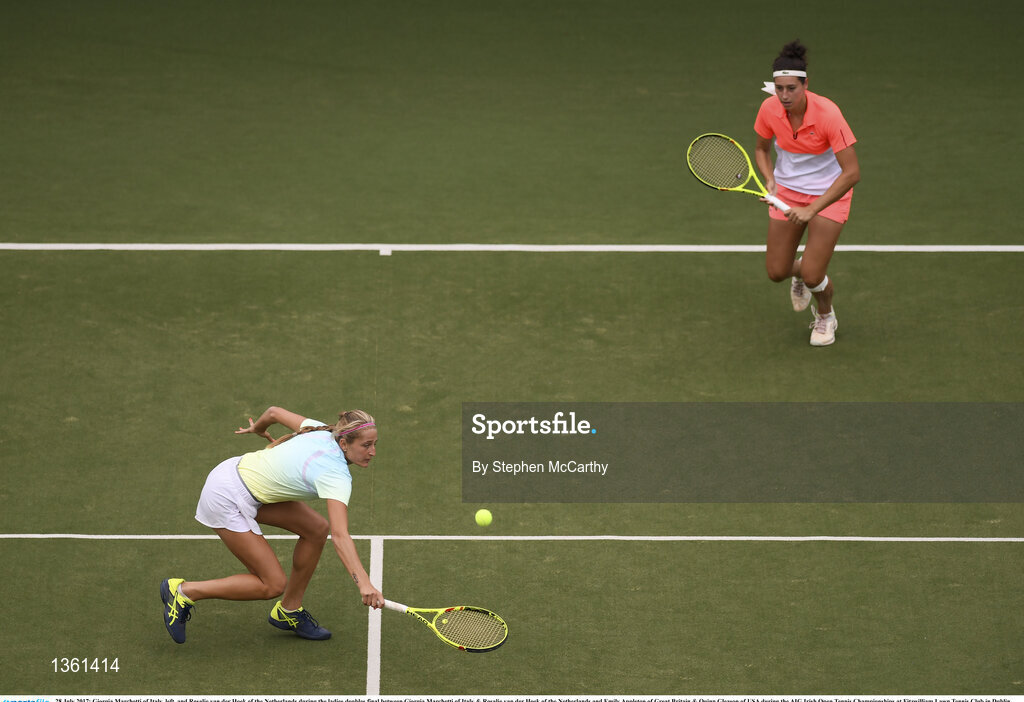28 July 2017; Giorgia Marchetti of Italy, left, and Rosalie van der Hoek of the Netherlands during the ladies doubles final between Giorgia Marchetti of Italy & Rosalie van der Hoek of the Netherlands and Emily Appleton of Great Britain & Quinn Gleason of USA during the AIG Irish Open Tennis Championships at Fitzwilliam Lawn Tennis Club in Dublin. Photo by Stephen McCarthy/Sportsfile