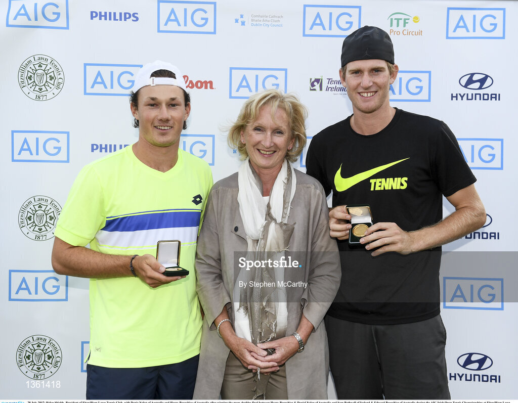28 July 2017; Helen Shields, President of Fitzwilliam Lawn Tennis Club, with Danie Nolan of Australia and Harry Bourchier of Australia after winning the mens doubles final between Harry Bourchier & Daniel Nolan of Australia and Sam Bothwell of Ireland & Edward Bourchier of Australia during the AIG Irish Open Tennis Championships at Fitzwilliam Lawn Tennis Club in Dublin. Photo by Stephen McCarthy/Sportsfile