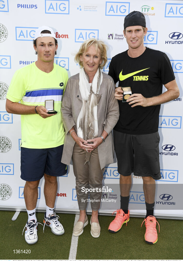 28 July 2017; Helen Shields, President of Fitzwilliam Lawn Tennis Club, with Danie Nolan of Australia and Harry Bourchier of Australia after winning the mens doubles final between Harry Bourchier & Daniel Nolan of Australia and Sam Bothwell of Ireland & Edward Bourchier of Australia during the AIG Irish Open Tennis Championships at Fitzwilliam Lawn Tennis Club in Dublin. Photo by Stephen McCarthy/Sportsfile