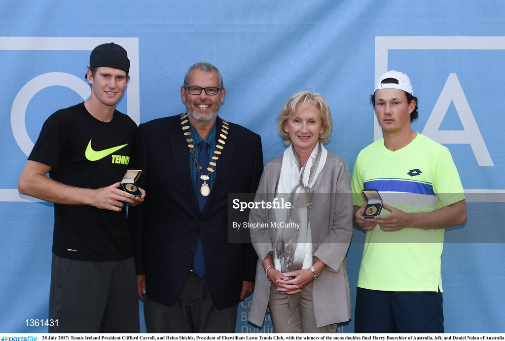 28 July 2017; Tennis Ireland President Clifford Carroll, and Helen Shields, President of Fitzwilliam Lawn Tennis Club, with the winners of the mens doubles final Harry Bourchier of Australia, left, and Daniel Nolan of Australia after they defeated Sam Bothwell of Ireland & Edward Bourchier of Australia during the AIG Irish Open Tennis Championships at Fitzwilliam Lawn Tennis Club in Dublin. Photo by Stephen McCarthy/Sportsfile
