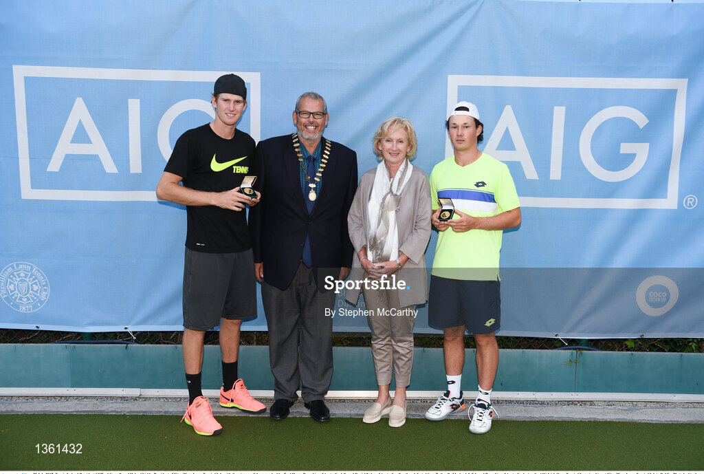28 July 2017; Tennis Ireland President Clifford Carroll, and Helen Shields, President of Fitzwilliam Lawn Tennis Club, with the winners of the mens doubles final Harry Bourchier of Australia, left, and Daniel Nolan of Australia after they defeated Sam Bothwell of Ireland & Edward Bourchier of Australia during the AIG Irish Open Tennis Championships at Fitzwilliam Lawn Tennis Club in Dublin. Photo by Stephen McCarthy/Sportsfile