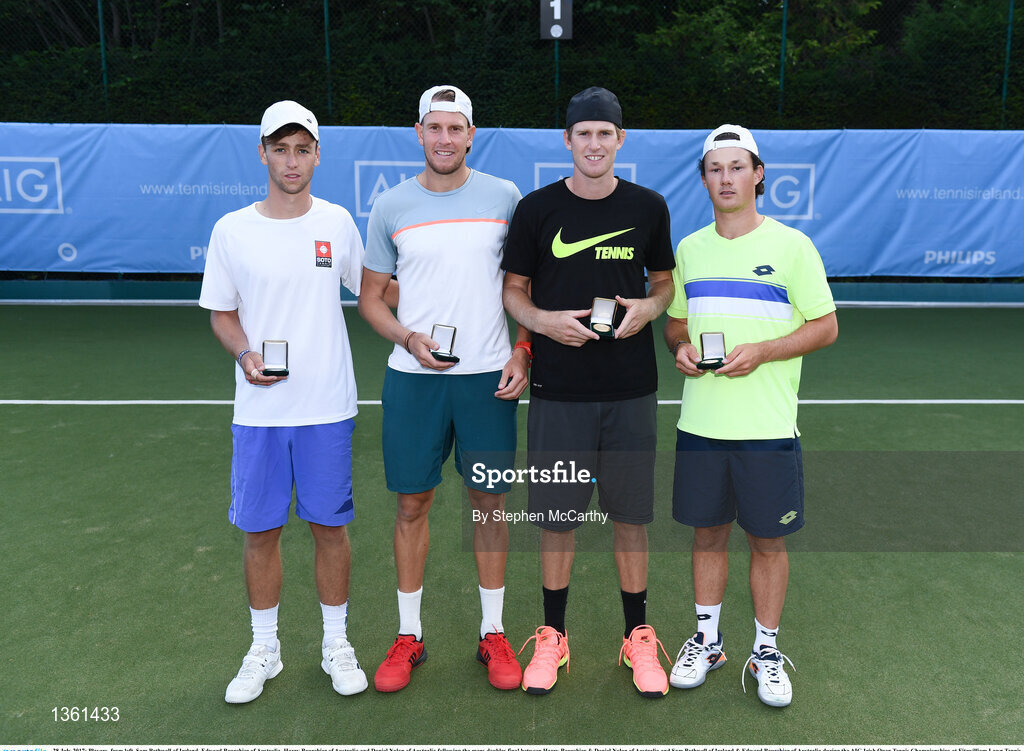 28 July 2017; Players, from left, Sam Bothwell of Ireland, Edward Bourchier of Australia, Harry Bourchier of Australia and Daniel Nolan of Australia following the mens doubles final between Harry Bourchier & Daniel Nolan of Australia and Sam Bothwell of Ireland & Edward Bourchier of Australia during the AIG Irish Open Tennis Championships at Fitzwilliam Lawn Tennis Club in Dublin. Photo by Stephen McCarthy/Sportsfile