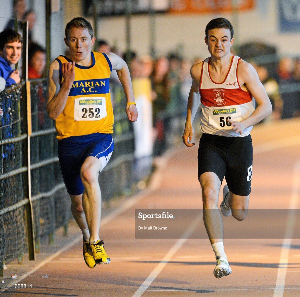 31 March 2012; Cormac Lynch, left, Marian AC, Ennis, Co. Clare, on his way to winning the Boys Under 19 Final with eventual second place Ben Cooney, Galway City Harriers AC, Co. Galway, during the Woodie’s DIY AAI Juvenile Indoor Championships of Ireland. Nenagh Indoor Arena, Nenagh, Co. Tipperary. Picture credit: Matt Browne / SPORTSFILE