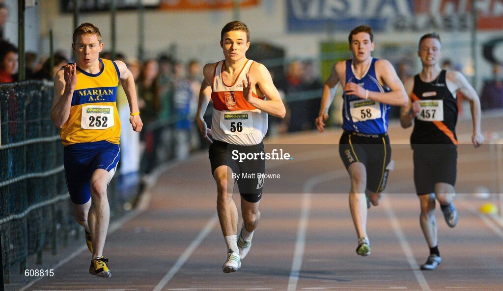 31 March 2012; Cormac Lynch, Marian AC, Ennis, Co. Clare, on his way to winning the Boys Under 19 Final with eventual second place Ben Cooney, 56, Galway City Harriers AC, Co. Galway, and eventual third place Eanna Madden, 58, Carrick-on-Shannon AC, Co. Leitrim, during the Woodie’s DIY AAI Juvenile Indoor Championships of Ireland. Nenagh Indoor Arena, Nenagh, Co. Tipperary. Picture credit: Matt Browne / SPORTSFILE