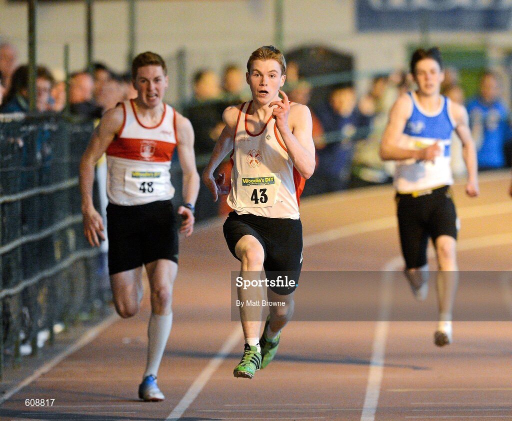 31 March 2012; Kieron Elliot, North Sligo AC, Co. Sligo, on his way to winning the Boys Under 18 200m Final from eventual second place Evan McGuire, left, Galway City AC, Co. Galway, during the Woodie’s DIY AAI Juvenile Indoor Championships of Ireland. Nenagh Indoor Arena, Nenagh, Co. Tipperary. Picture credit: Matt Browne / SPORTSFILE