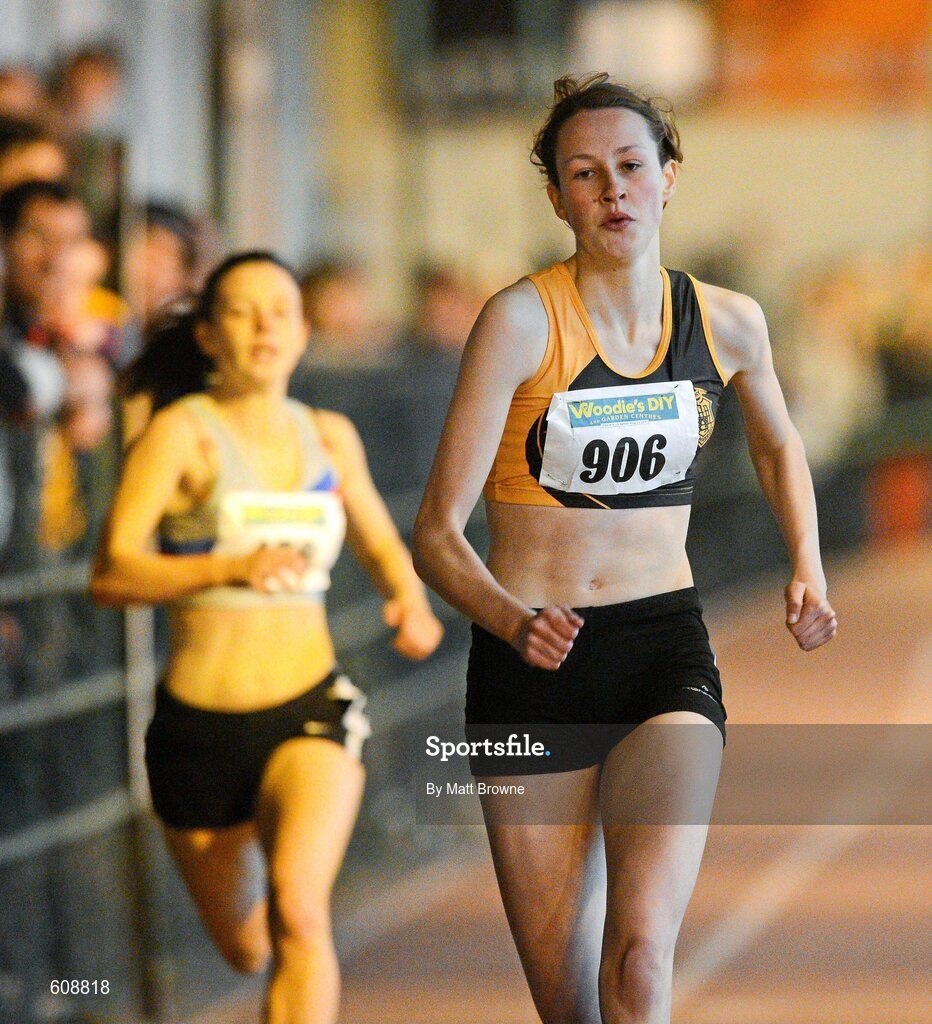 31 March 2012; Cliodhna Manning, Kilkenny City Harriers AC, Co. Kilkenny, on her way to winning the Girls Under 18 200m Final from eventual second place Jade Leahy, Dundrum South Dublin AC, Co. Dublin, during the Woodie’s DIY AAI Juvenile Indoor Championships of Ireland. Nenagh Indoor Arena, Nenagh, Co. Tipperary. Picture credit: Matt Browne / SPORTSFILE