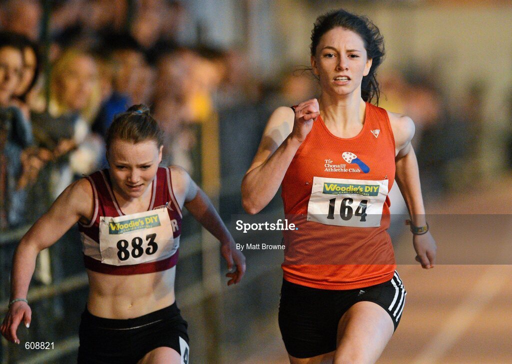 31 March 2012; Kelly McGrory, Tir Chonaill AC, Co. Donegal, on her way to winning the Girls Under 17 200m from eventual second place Victoria Harris, Mullingar Harriers AC, Co. Weastmeath, during the Woodie’s DIY AAI Juvenile Indoor Championships of Ireland. Nenagh Indoor Arena, Nenagh, Co. Tipperary. Picture credit: Matt Browne / SPORTSFILE