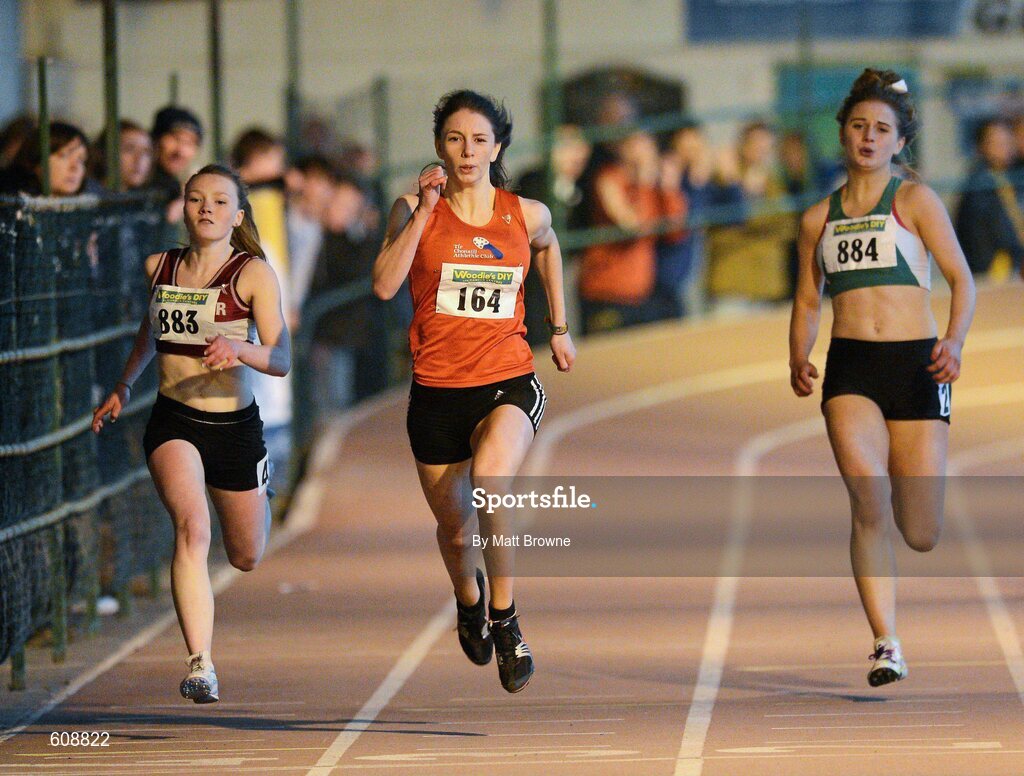 31 March 2012; Kelly McGrory, centre, Tir Chonaill AC, Co. Donegal, on her way to winning the Girls Under 17 200m from eventual second place Victoria Harris, left, Mullingar Harriers AC, Co. Weastmeath, and eventual third place Katie Berney, Newbridge AC, Co. Kildare, during the Woodie’s DIY AAI Juvenile Indoor Championships of Ireland. Nenagh Indoor Arena, Nenagh, Co. Tipperary. Picture credit: Matt Browne / SPORTSFILE