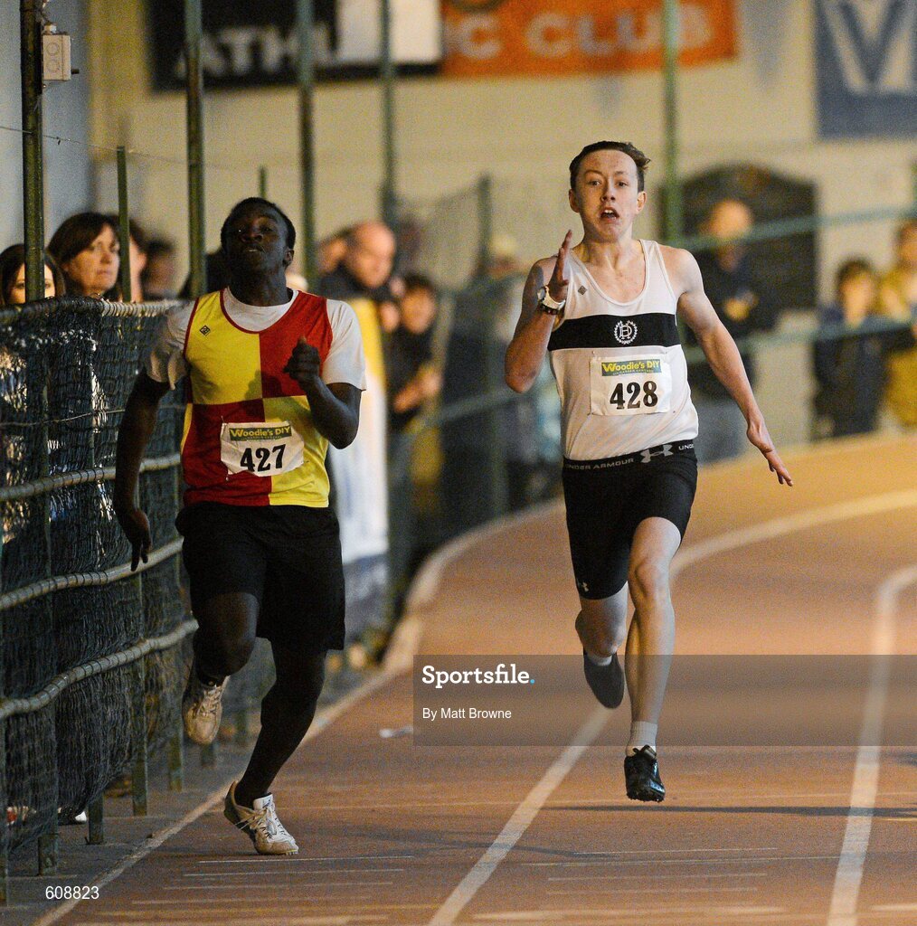 31 March 2012; Sean Lawler, Donore Harriers A.C., Co. Dublin, on his way to winning the Boys Under 16 200m from eventual second place Clancy Epey, left, Tallaght A.C., Co. Dublin, during the Woodie’s DIY AAI Juvenile Indoor Championships of Ireland. Nenagh Indoor Arena, Nenagh, Co. Tipperary. Picture credit: Matt Browne / SPORTSFILE
