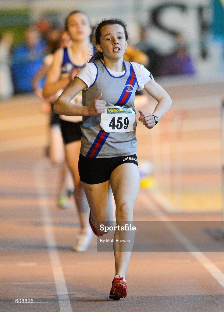 31 March 2012; Ruby Barlow, Dundrum South Dublin AC, Co. Dublin, on her way to winning the Girls Under 14 800m Final during the Woodie’s DIY AAI Juvenile Indoor Championships of Ireland. Nenagh Indoor Arena, Nenagh, Co. Tipperary. Picture credit: Matt Browne / SPORTSFILE