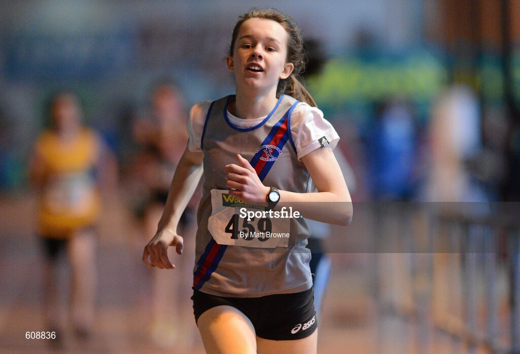 31 March 2012; Ruby Barlow, Dundrum South Dublin AC, Co. Dublin, on her way to winning the Girls Under 14 800m Final during the Woodie’s DIY AAI Juvenile Indoor Championships of Ireland. Nenagh Indoor Arena, Nenagh, Co. Tipperary. Picture credit: Matt Browne / SPORTSFILE