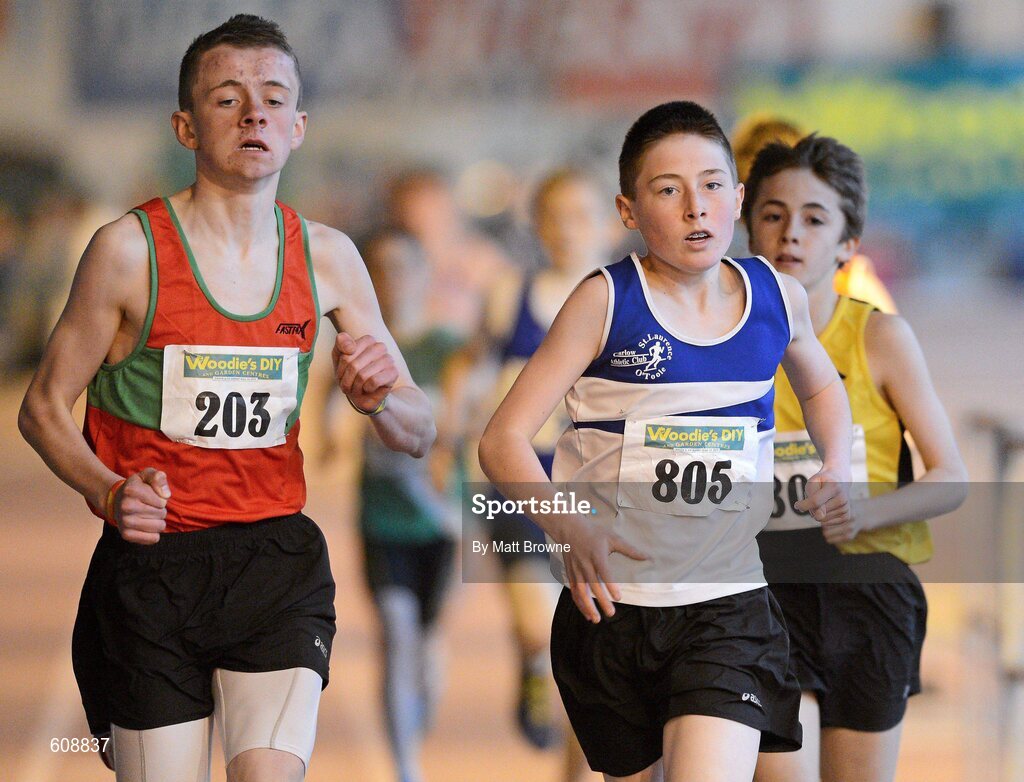 31 March 2012; Robert Crowley, right, St. Laurence O'Toole AC, Co. Carlow, on his way to winning the Boys Under 14 800m Final from eventual second place Eoin O'Looney, from Kilmurray/Ibrick AC, Co. Clare, during the Woodie’s DIY AAI Juvenile Indoor Championships of Ireland. Nenagh Indoor Arena, Nenagh, Co. Tipperary. Picture credit: Matt Browne / SPORTSFILE