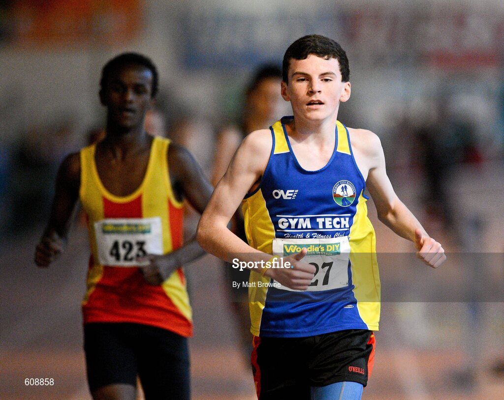 31 March 2012; Oisin O'Callaghan, Newry City A.C., Co. Down, on his way to winning the Boys Under 15's 800m Final during the Woodie’s DIY AAI Juvenile Indoor Championships of Ireland. Nenagh Indoor Arena, Nenagh, Co. Tipperary. Picture credit: Matt Browne / SPORTSFILE