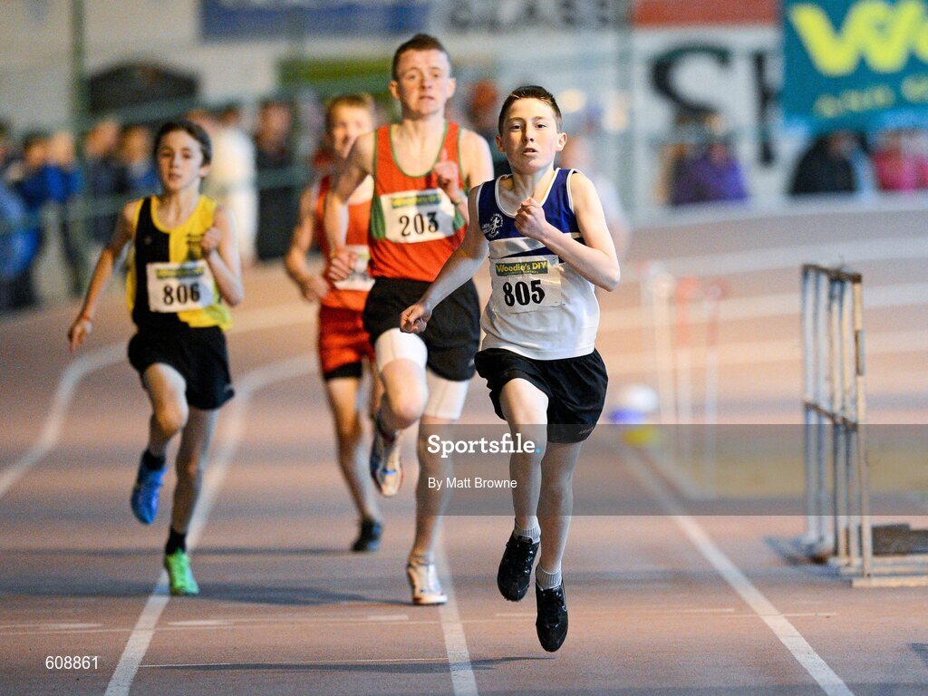 31 March 2012; Robert Crowley, St. Laurance O'Toole A.C., Co Carlow, on his way to winning the Boys Under 14's 800m Final ahead of second place Eoin O'Looney, Kilmurray/Ibrickane A.C., Co. Clare during the Woodie’s DIY AAI Juvenile Indoor Championships of Ireland. Nenagh Indoor Arena, Nenagh, Co. Tipperary. Picture credit: Matt Browne / SPORTSFILE