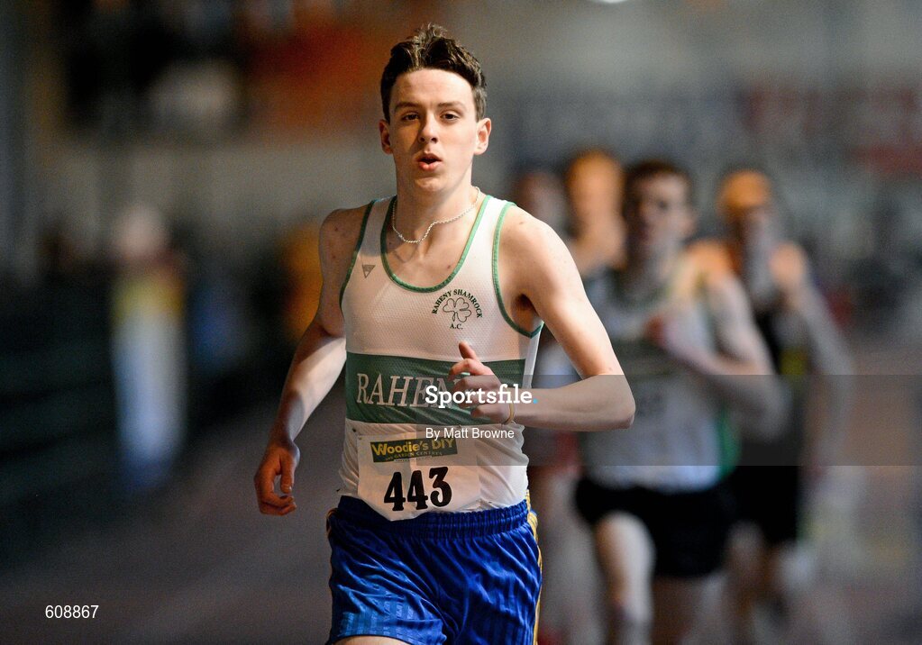 31 March 2012; Killian Kirwan, Raheny Shamrock A.C., Co. Dublin, on his way to winning the Boys Under 18's 800m Final during the Woodie’s DIY AAI Juvenile Indoor Championships of Ireland. Nenagh Indoor Arena, Nenagh, Co. Tipperary. Picture credit: Matt Browne / SPORTSFILE