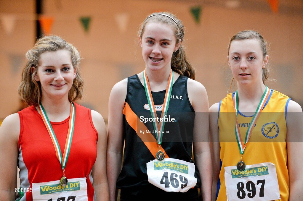 31 March 2012; Winner of the Girls Under 17 Long Jump, Megan Comber, Clonliffe Harriers A.C., Co. Dublin, with second place Aoibhin McManus, left, City of Lisburn A.C., Co. Down and third place Rebecca Carr, right, Blackrock A.C., Co. Louth, during the Woodie’s DIY AAI Juvenile Indoor Championships of Ireland. Nenagh Indoor Arena, Nenagh, Co. Tipperary. Picture credit: Matt Browne / SPORTSFILE