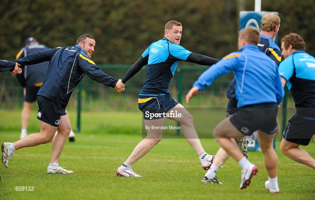 2 April 2012; Leinster's Aaron Dundon, left, and Jamie Heaslip in action during squad training ahead of their side's Heineken Cup Quarter-Final game against Cardiff Blues on Saturday. Leinster Rugby Squad Training. UCD, Belfield, Dublin. Picture credit: Brendan Moran / SPORTSFILE