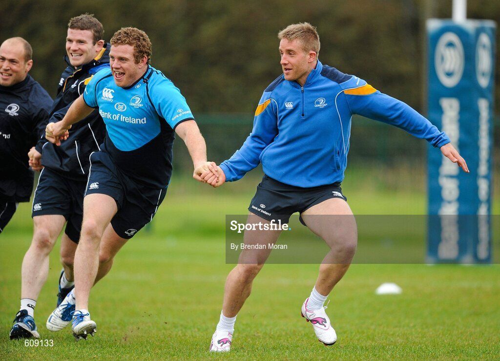 2 April 2012; Leinster players, from left, Richardt Strauss, Gordon D'Arcy, Sean Cronin and Luke Fitzgerald during squad training ahead of their side's Heineken Cup Quarter-Final game against Cardiff Blues on Saturday. Leinster Rugby Squad Training. UCD, Belfield, Dublin. Picture credit: Brendan Moran / SPORTSFILE