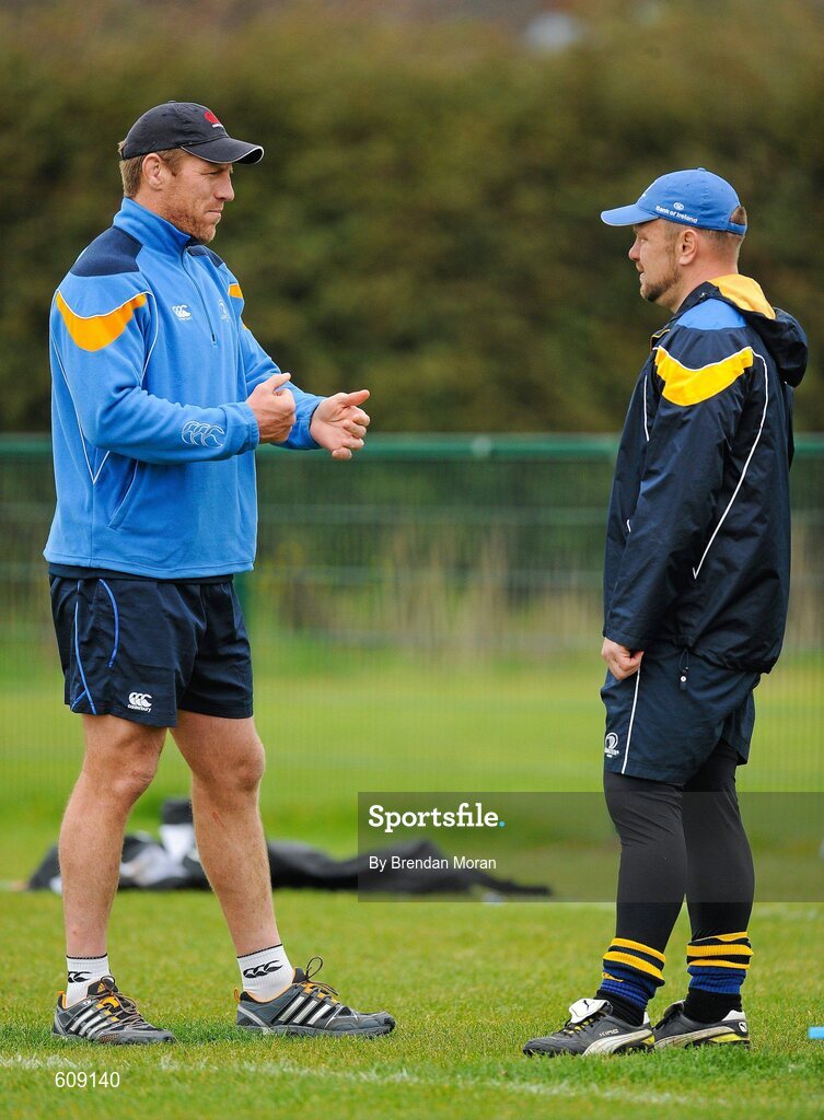2 April 2012; Leinster's Brad Thorn in conversation with scrum coach Greg Feek during squad training ahead of their side's Heineken Cup Quarter-Final game against Cardiff Blues on Saturday. Leinster Rugby Squad Training. UCD, Belfield, Dublin. Picture credit: Brendan Moran / SPORTSFILE