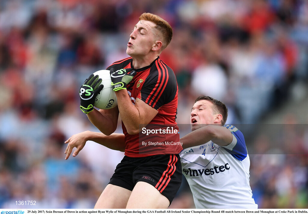 29 July 2017; Seán Dornan of Down in action against Ryan Wylie of Monaghan during the GAA Football All-Ireland Senior Championship Round 4B match between Down and Monaghan at Croke Park in Dublin. Photo by Stephen McCarthy/Sportsfile