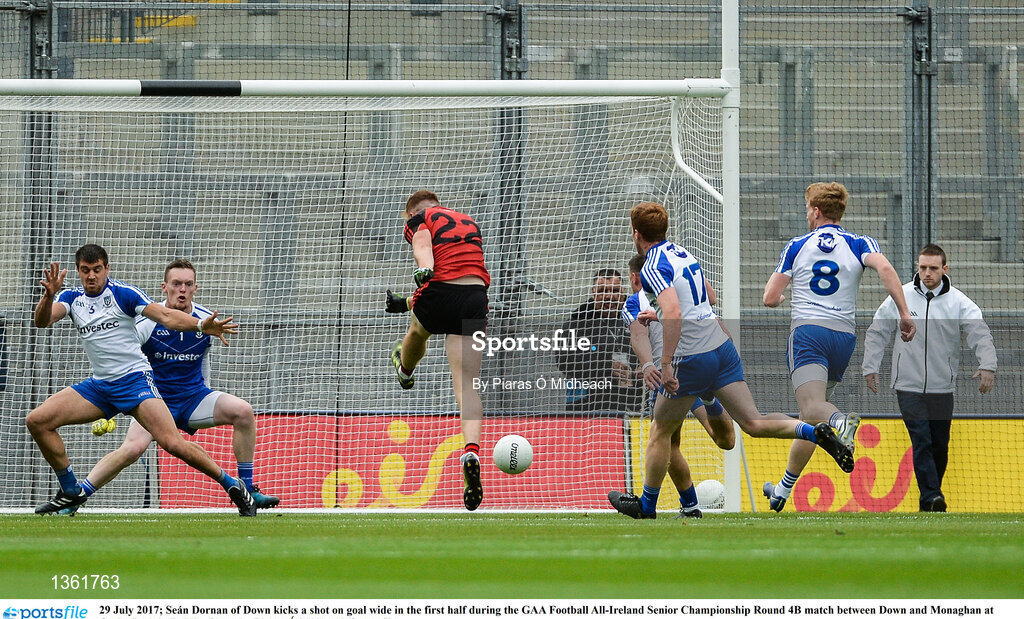 29 July 2017; Seán Dornan of Down kicks a shot on goal wide in the first half during the GAA Football All-Ireland Senior Championship Round 4B match between Down and Monaghan at Croke Park in Dublin. Photo by Piaras Ó Mídheach/Sportsfile