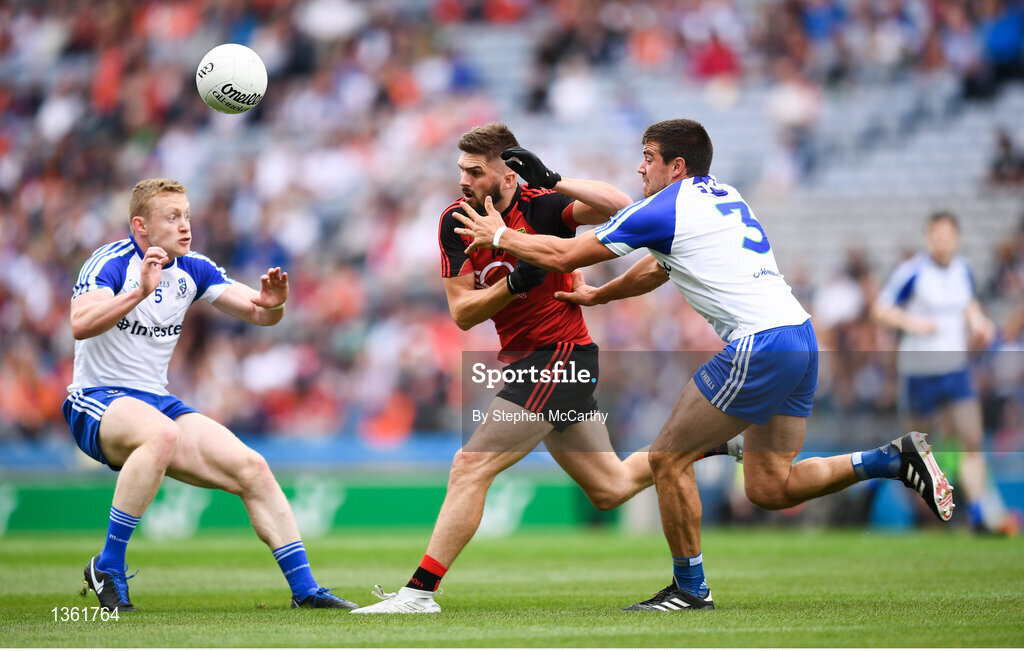 29 July 2017; Connaire Harrison of Down in action against Drew Wylie, right, and Colin Walshe of Monaghan during the GAA Football All-Ireland Senior Championship Round 4B match between Down and Monaghan at Croke Park in Dublin. Photo by Stephen McCarthy/Sportsfile