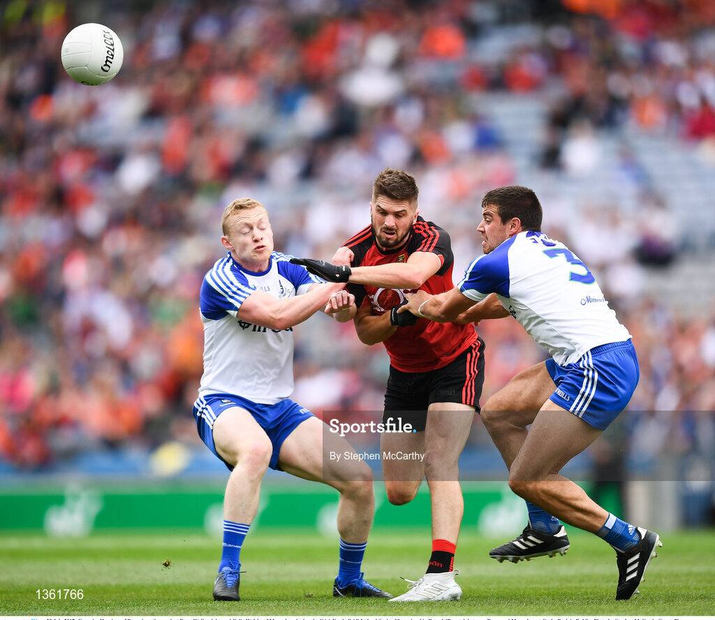 29 July 2017; Connaire Harrison of Down in action against Drew Wylie, right, and Colin Walshe of Monaghan during the GAA Football All-Ireland Senior Championship Round 4B match between Down and Monaghan at Croke Park in Dublin. Photo by Stephen McCarthy/Sportsfile