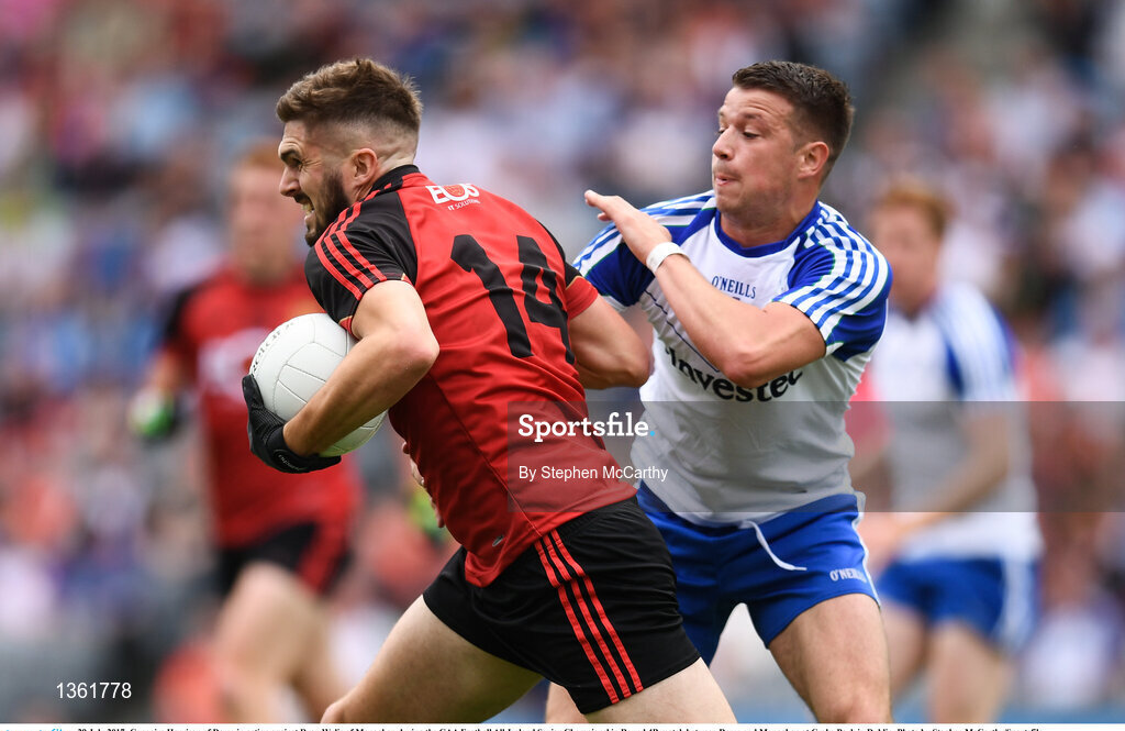 29 July 2017; Connaire Harrison of Down in action against Ryan Wylie of Monaghan during the GAA Football All-Ireland Senior Championship Round 4B match between Down and Monaghan at Croke Park in Dublin. Photo by Stephen McCarthy/Sportsfile