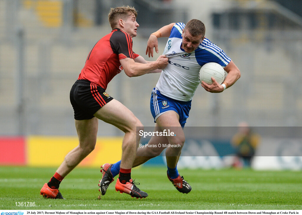 29 July 2017; Dermot Malone of Monaghan in action against Conor Maginn of Down during the GAA Football All-Ireland Senior Championship Round 4B match between Down and Monaghan at Croke Park in Dublin. Photo by Piaras Ó Mídheach/Sportsfile