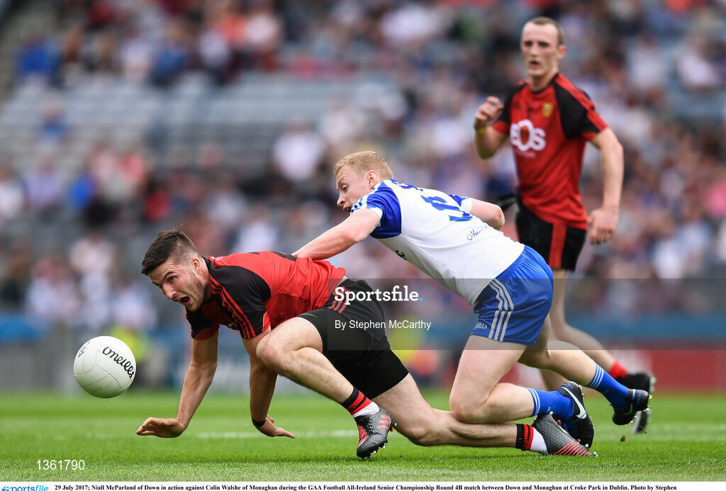 29 July 2017; Niall McParland of Down in action against Colin Walshe of Monaghan during the GAA Football All-Ireland Senior Championship Round 4B match between Down and Monaghan at Croke Park in Dublin. Photo by Stephen McCarthy/Sportsfile