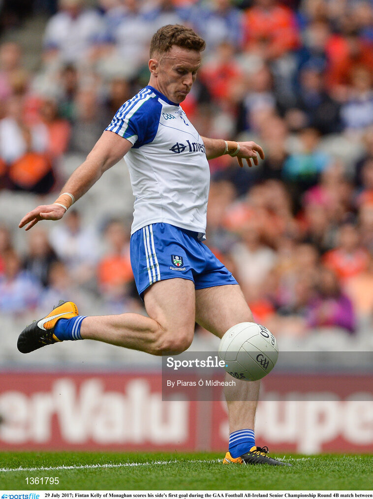 29 July 2017; Fintan Kelly of Monaghan scores his side's first goal during the GAA Football All-Ireland Senior Championship Round 4B match between Down and Monaghan at Croke Park in Dublin. Photo by Piaras Ó Mídheach/Sportsfile
