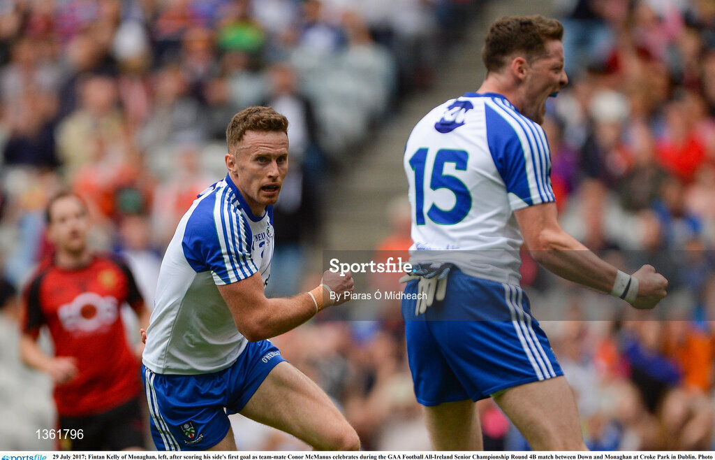 29 July 2017; Fintan Kelly of Monaghan, left, after scoring his side's first goal as team-mate Conor McManus celebrates during the GAA Football All-Ireland Senior Championship Round 4B match between Down and Monaghan at Croke Park in Dublin. Photo by Piaras Ó Mídheach/Sportsfile