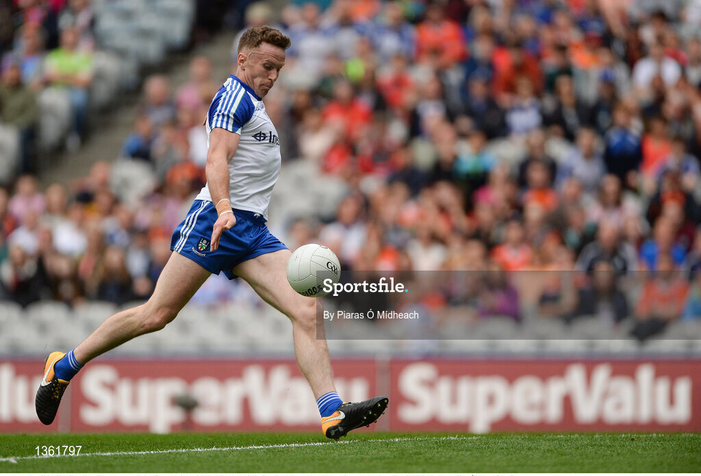 29 July 2017; Fintan Kelly of Monaghan scores his side's first goal during the GAA Football All-Ireland Senior Championship Round 4B match between Down and Monaghan at Croke Park in Dublin. Photo by Piaras Ó Mídheach/Sportsfile