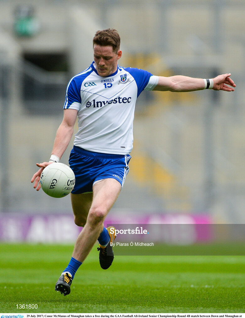 29 July 2017; Conor McManus of Monaghan takes a free during the GAA Football All-Ireland Senior Championship Round 4B match between Down and Monaghan at Croke Park in Dublin. Photo by Piaras Ó Mídheach/Sportsfile