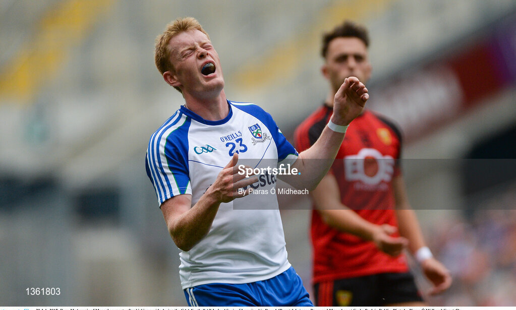 29 July 2017; Ryan McAnespie of Monaghan reacts after kicking a wide during the GAA Football All-Ireland Senior Championship Round 4B match between Down and Monaghan at Croke Park in Dublin. Photo by Piaras Ó Mídheach/Sportsfile