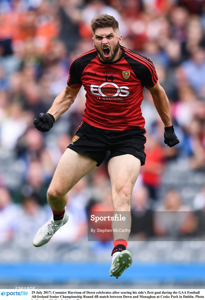 29 July 2017; Connaire Harrison of Down celebrates after scoring his side's first goal during the GAA Football All-Ireland Senior Championship Round 4B match between Down and Monaghan at Croke Park in Dublin. Photo by Stephen McCarthy/Sportsfile
