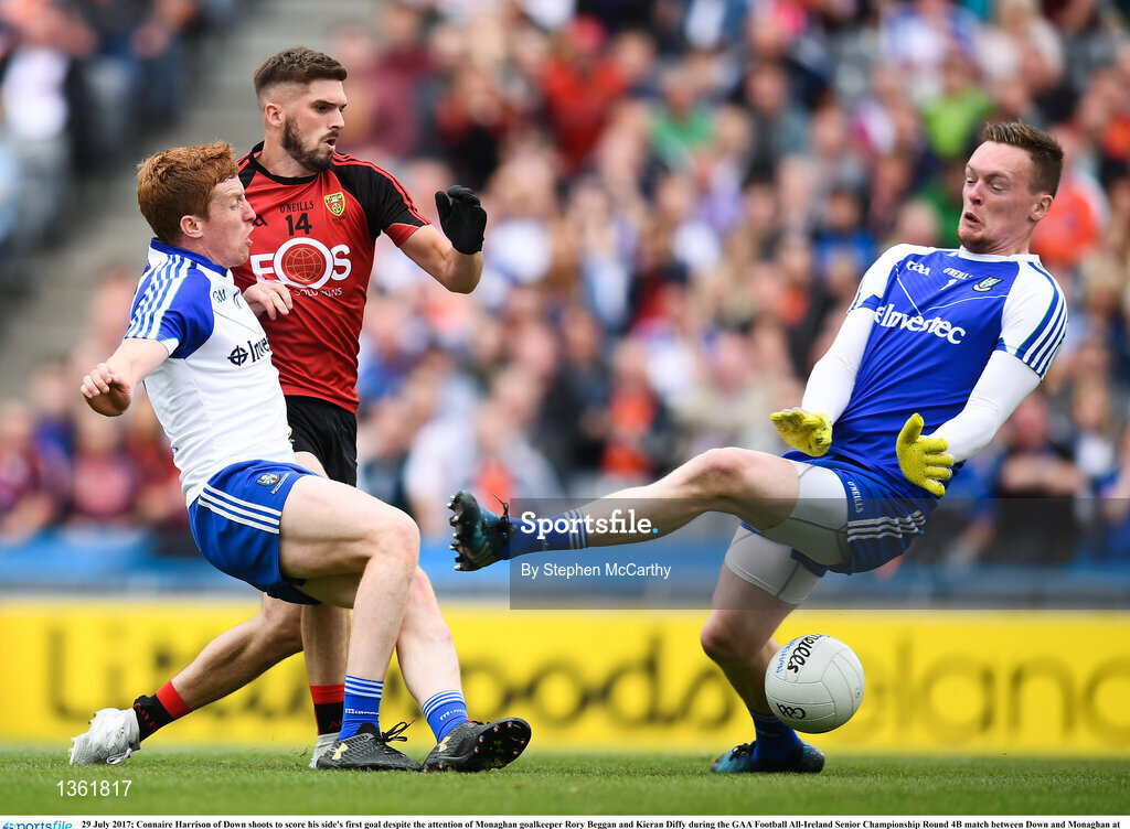 29 July 2017; Connaire Harrison of Down shoots to score his side's first goal despite the attention of Monaghan goalkeeper Rory Beggan and Kieran Diffy during the GAA Football All-Ireland Senior Championship Round 4B match between Down and Monaghan at Croke Park in Dublin. Photo by Stephen McCarthy/Sportsfile