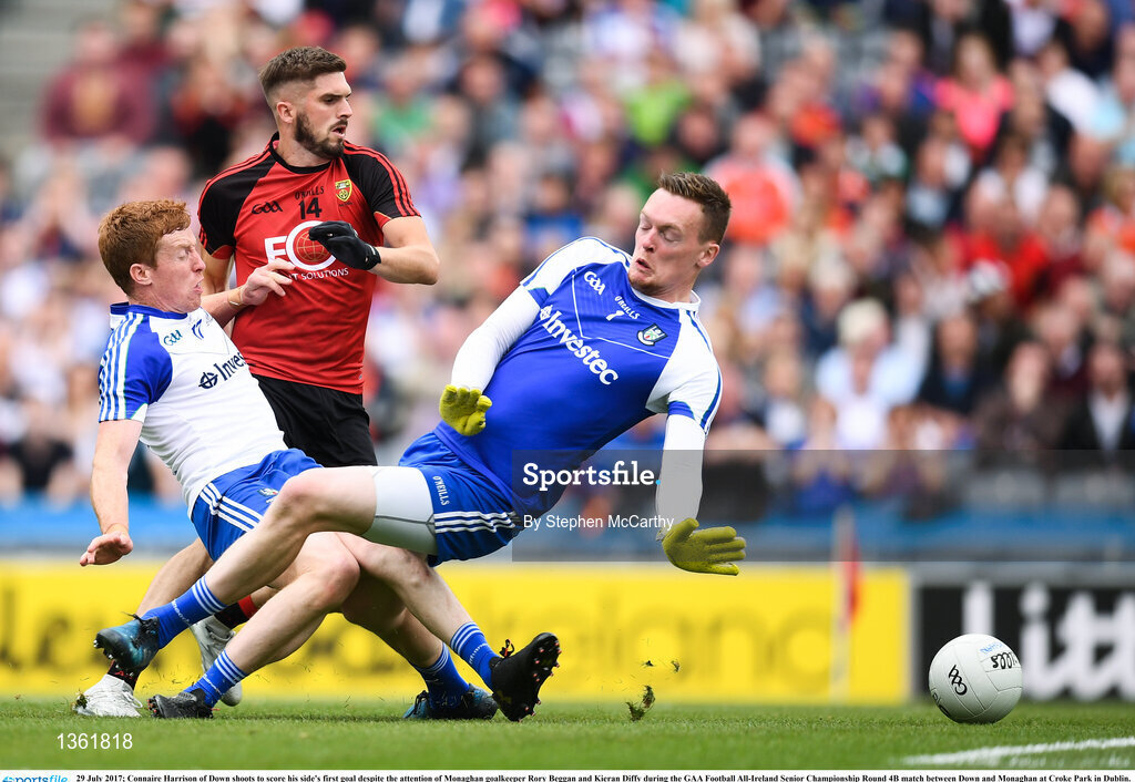 29 July 2017; Connaire Harrison of Down shoots to score his side's first goal despite the attention of Monaghan goalkeeper Rory Beggan and Kieran Diffy during the GAA Football All-Ireland Senior Championship Round 4B match between Down and Monaghan at Croke Park in Dublin. Photo by Stephen McCarthy/Sportsfile