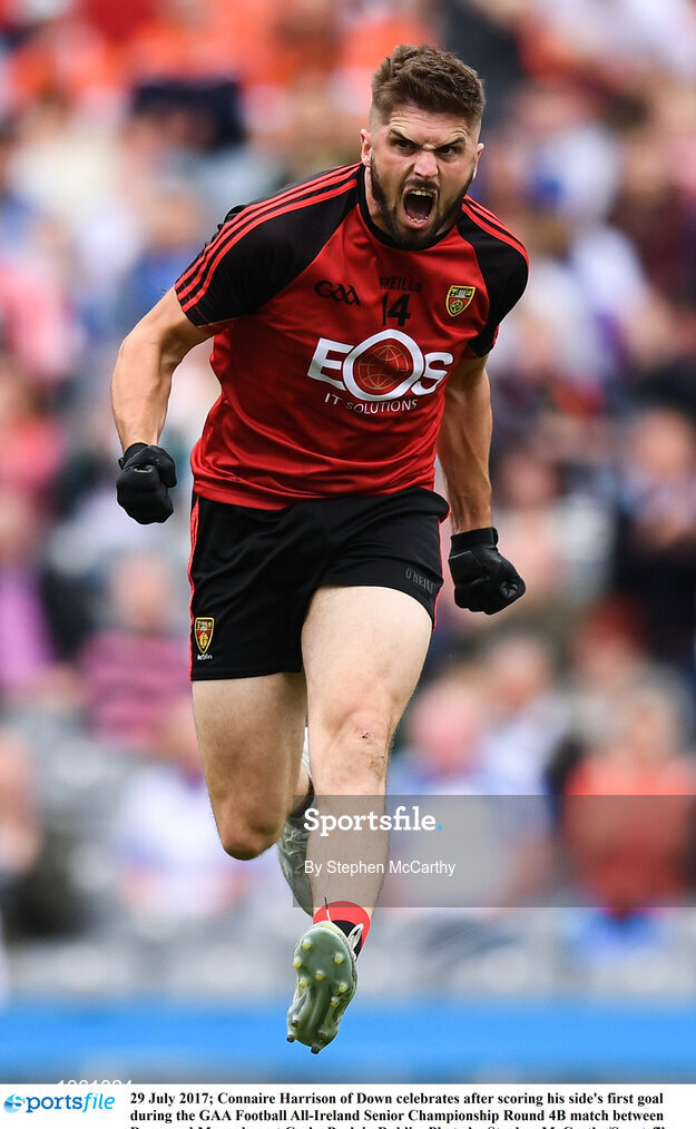 29 July 2017; Connaire Harrison of Down celebrates after scoring his side's first goal during the GAA Football All-Ireland Senior Championship Round 4B match between Down and Monaghan at Croke Park in Dublin. Photo by Stephen McCarthy/Sportsfile