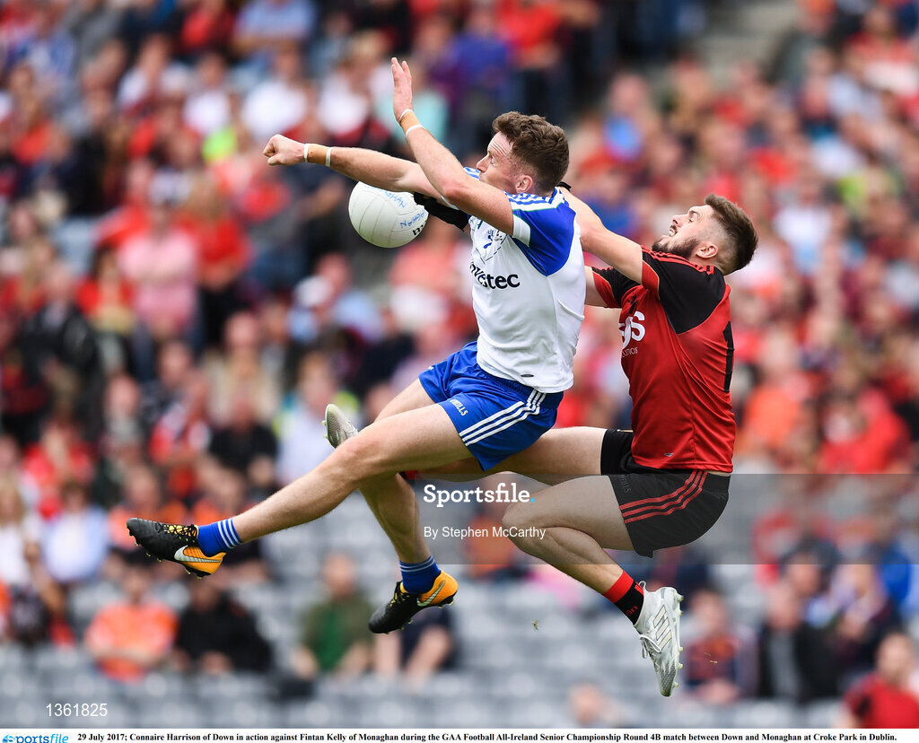 29 July 2017; Connaire Harrison of Down in action against Fintan Kelly of Monaghan during the GAA Football All-Ireland Senior Championship Round 4B match between Down and Monaghan at Croke Park in Dublin. Photo by Stephen McCarthy/Sportsfile