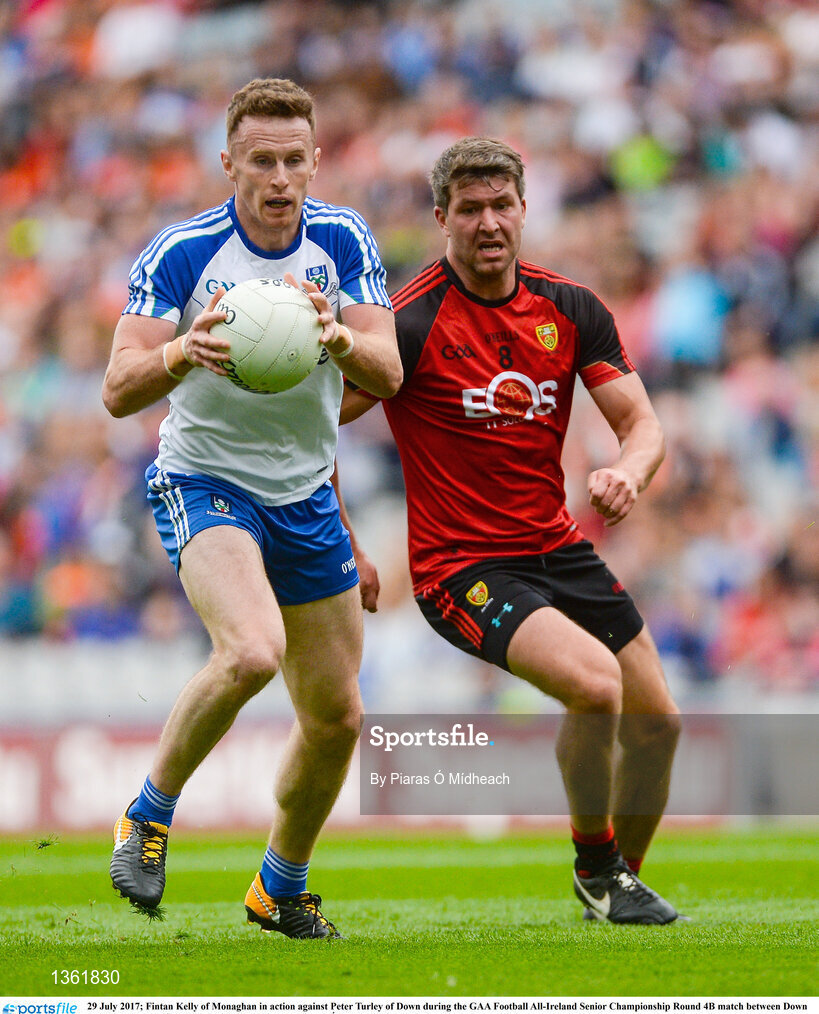 29 July 2017; Fintan Kelly of Monaghan in action against Peter Turley of Down during the GAA Football All-Ireland Senior Championship Round 4B match between Down and Monaghan at Croke Park in Dublin. Photo by Piaras Ó Mídheach/Sportsfile