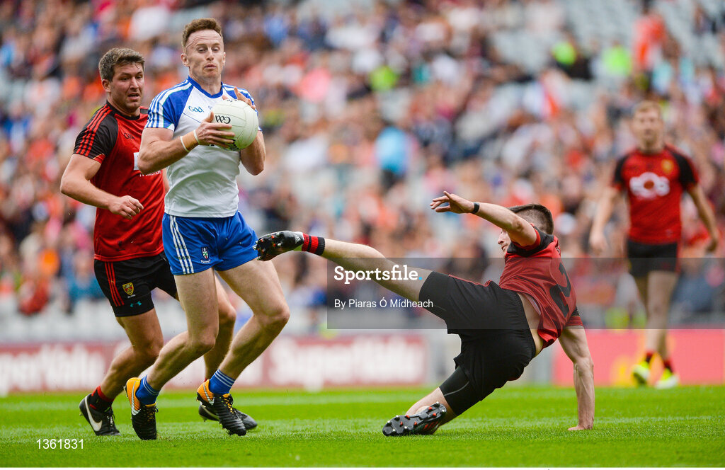 29 July 2017; Fintan Kelly of Monaghan in action against Niall McParland, bottom, and Peter Turley of Down during the GAA Football All-Ireland Senior Championship Round 4B match between Down and Monaghan at Croke Park in Dublin. Photo by Piaras Ó Mídheach/Sportsfile