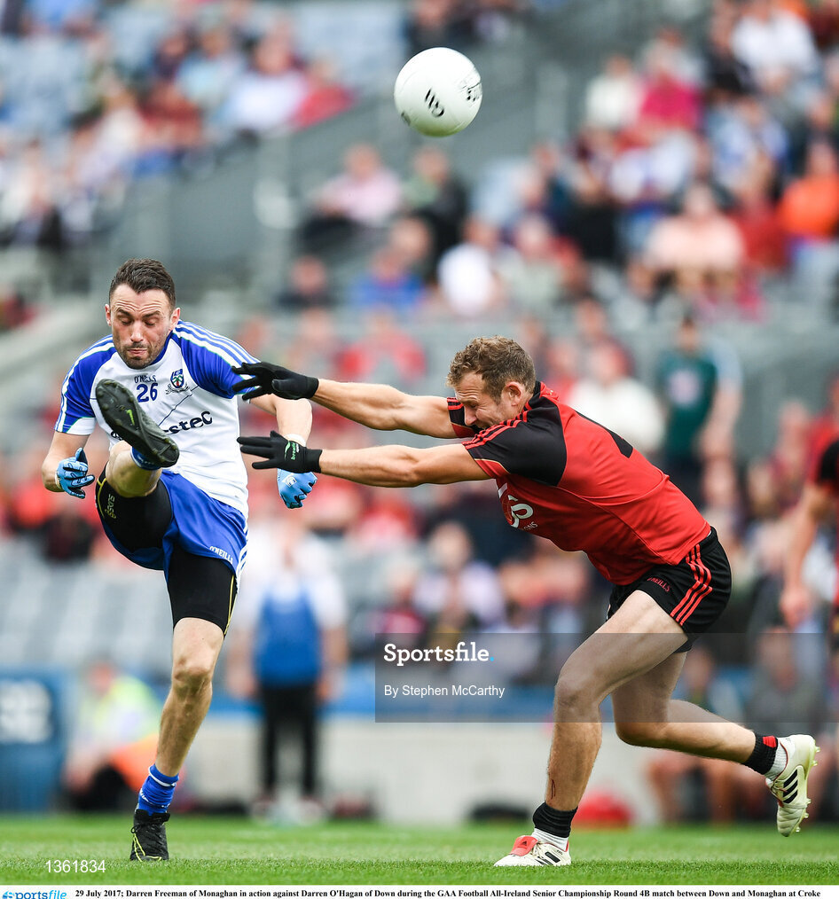 29 July 2017; Darren Freeman of Monaghan in action against Darren O'Hagan of Down during the GAA Football All-Ireland Senior Championship Round 4B match between Down and Monaghan at Croke Park in Dublin. Photo by Stephen McCarthy/Sportsfile